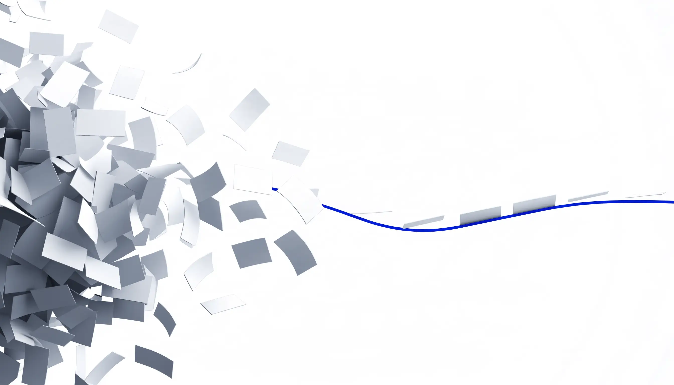 A burst of scattered paper slips settling into an ordered lane along a single blue line